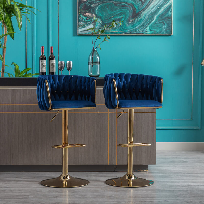 Set of 2 Bar Stools, with Chrome Footrest and Base Swivel Height Adjustable Mechanical Lifting Velvet + Golden Leg Simple Bar Stool-Navy