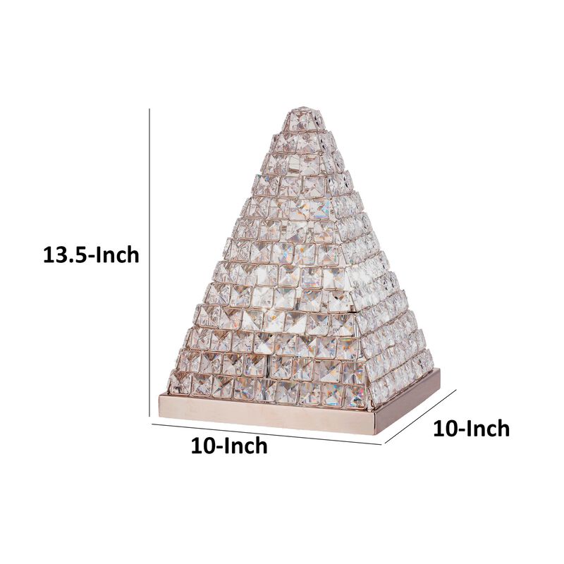 14 Inch Table Lamp, Crystal Pyramid Shaped Frame, Stone Studded, Silver - Benzara