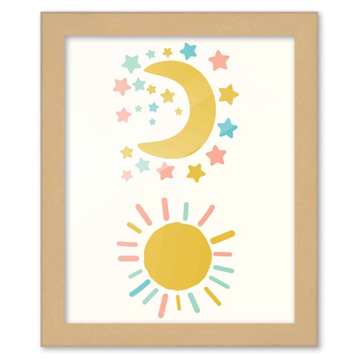 8x10 Framed Nursery Wall Art Boho Rainbow Sun Moon & Stars Poster In Natural Wood Frame For Kid Bedroom or Playroom