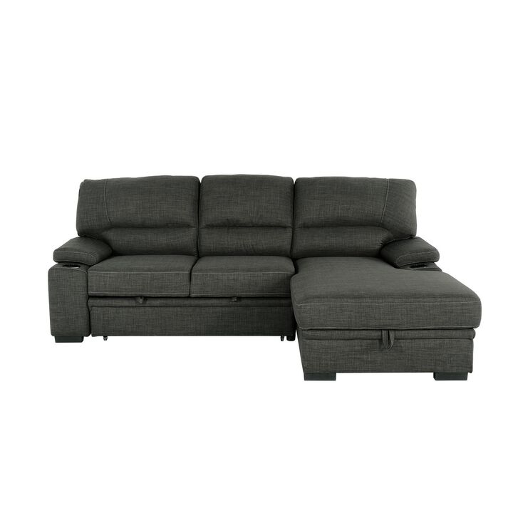 2 Piece Sleeper Sofa Bed, Storage and Cup Holders, Pillow Top Arms, Black - Benzara