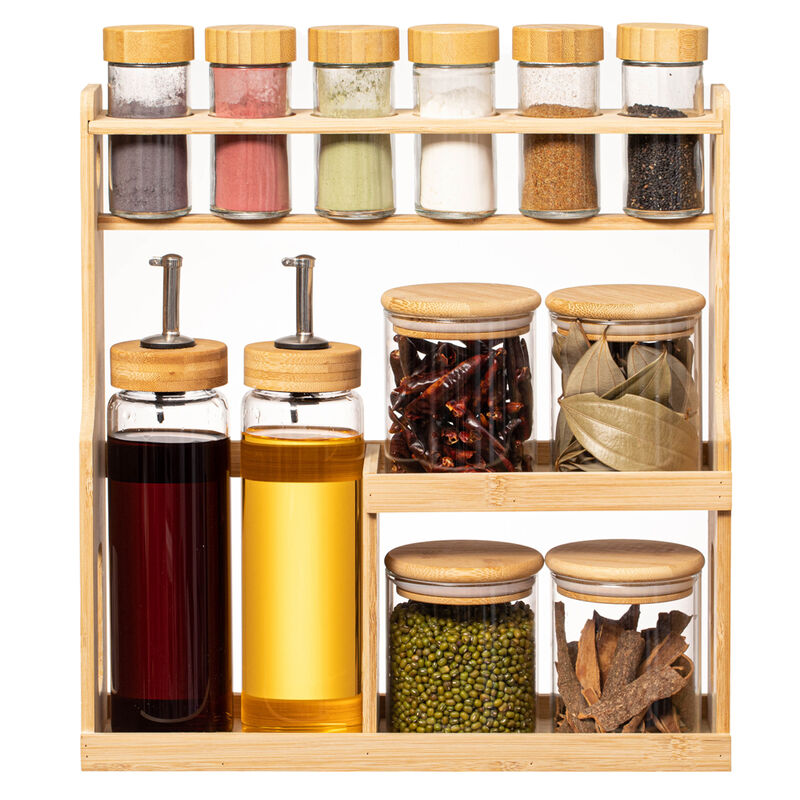 Basicwise 3-Tier Bamboo Spice Rack with 6 Spice Shaker Bottles, 4 Airtight Jars and 2 Soy Sauce or Olive Oil Dispenser Bottle Perfect for Kitchen Organization, Dining Room Display, and Pantry Storage