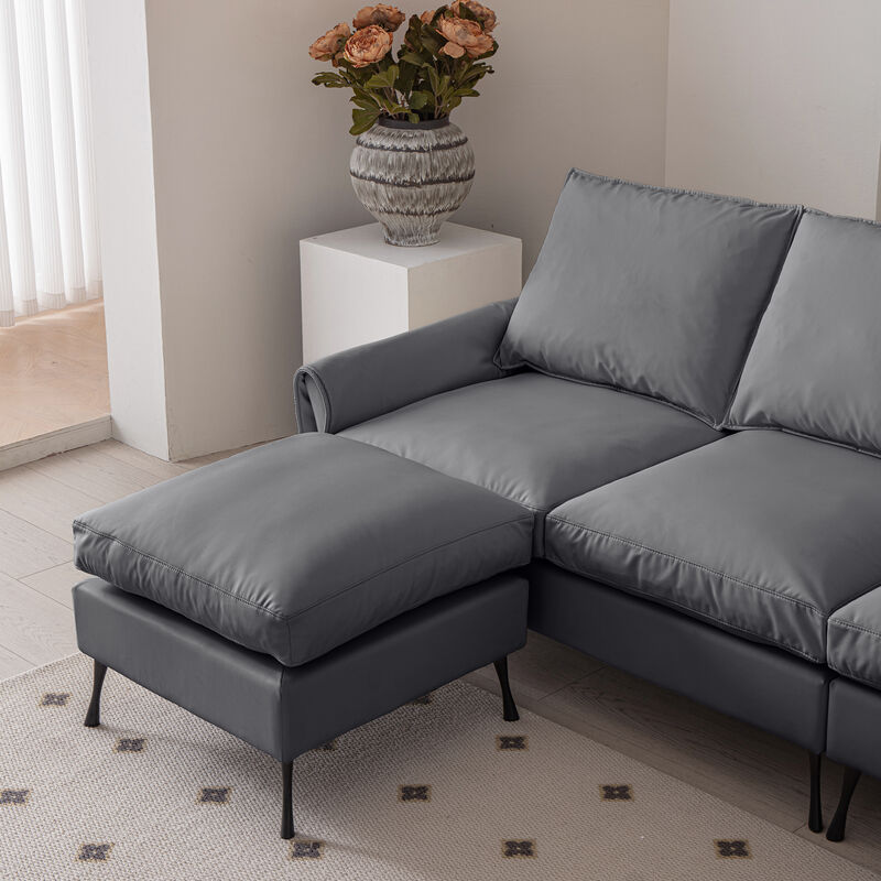 Technical Leather L-Shaped Sectional Sofa with Convertible Ottoman, Modern Couch for Living Room