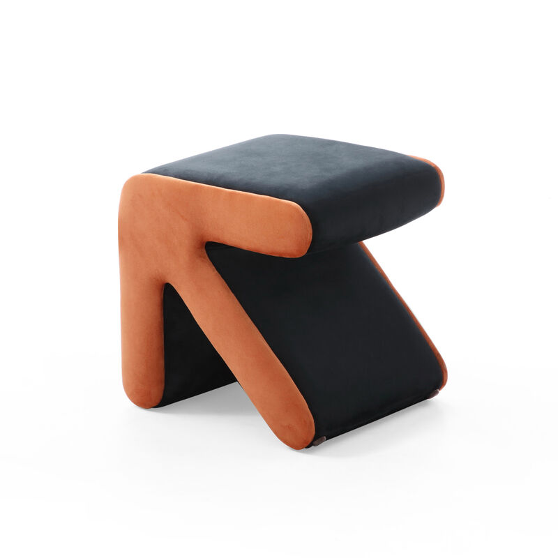 Multifaceted Velvet Ottoman/Stool in Black+Orange