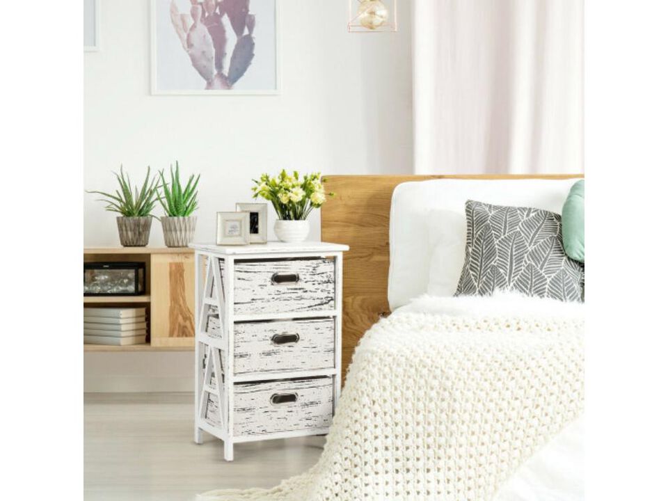 Vintage Wood Frame End Table  Chest with 3 Fabric Drawers