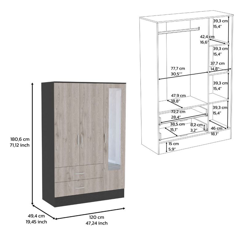 DEPOT E-SHOP Gangi 120 Mirrored Armoire, Double Door Cabinet, Two Drawers, Metal Hardware, Rods, Four Shelves, Black / Light Gray