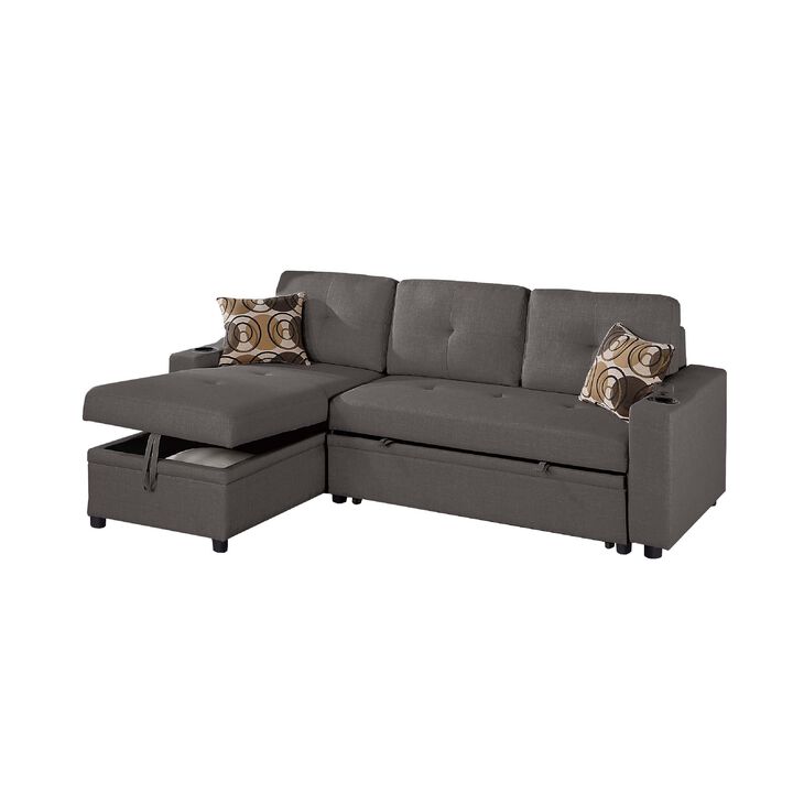 Pero Sectional Sofa Pull Out Bed with Storage Chaise, Pillows, Black - Benzara