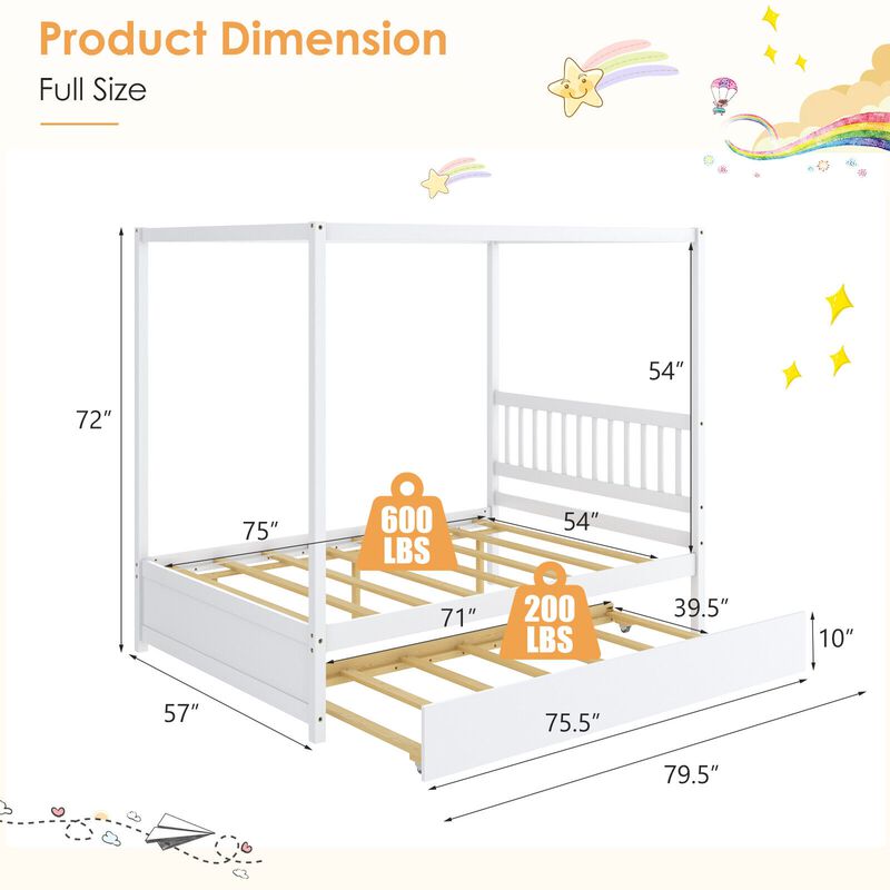 Full Size Canopy Bed with Trundle Wooden Platform Bed Frame Headboard
