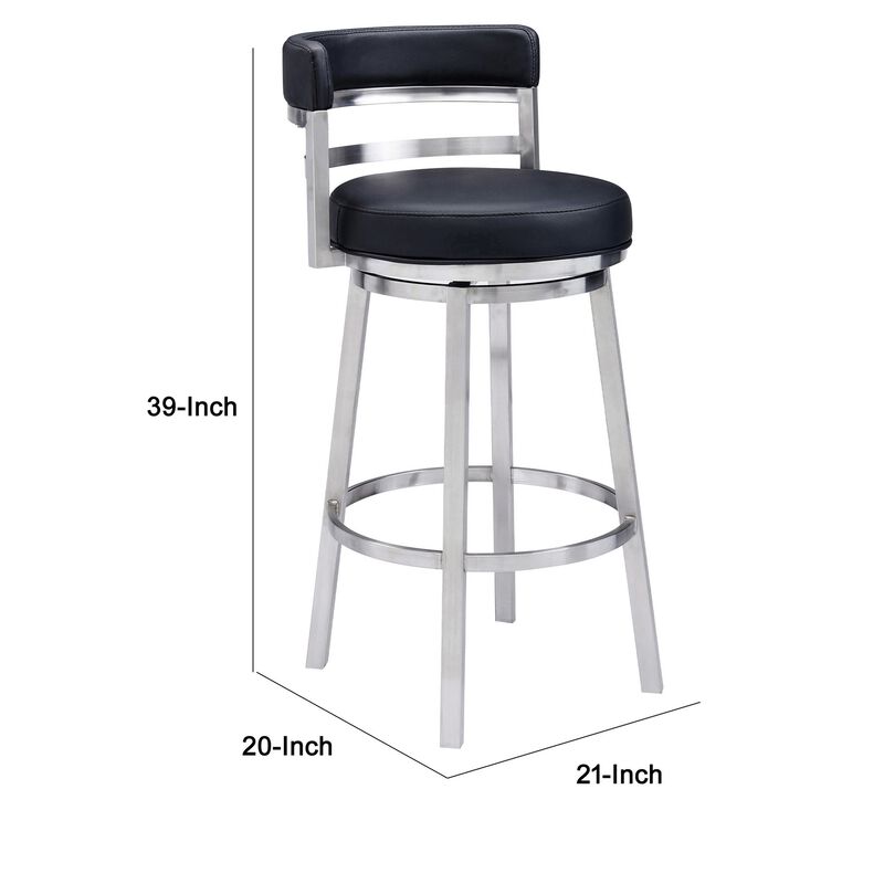 Eva 30 Inch Padded Swivel Bar Stool Chair, Steel Finish, Black Faux Leather-Benzara