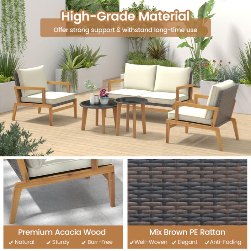 Hivvago 5 Piece Rattan Furniture Set Wicker Woven Sofa Set with 2 Tempered Glass Coffee Tables