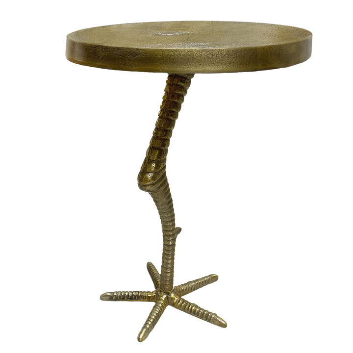 19 Inch Side End Table, Antique Brass Aluminum Cast, Round Top with Handcrafted Textured Crane Leg Stem - Benzara