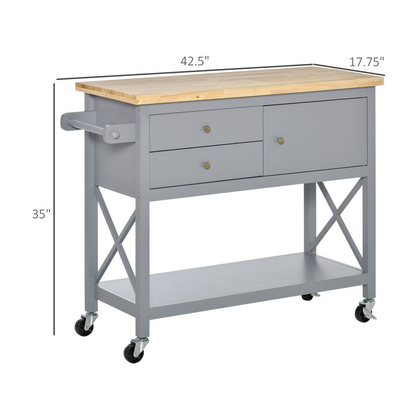 Grey Kitchen Helper: Rolling Utility Cart with Rubberwood Top and Storage