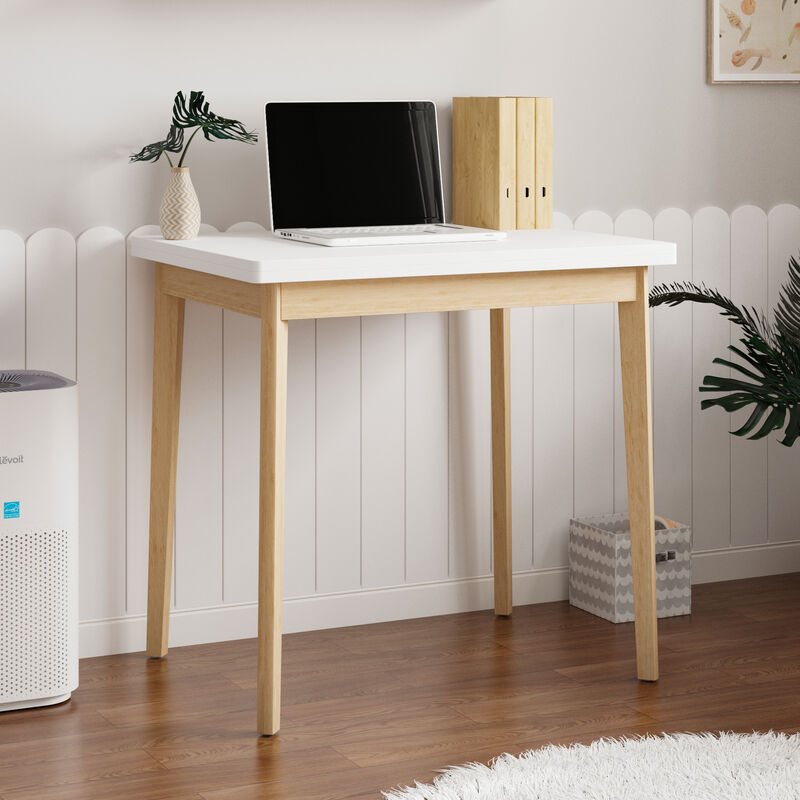 FUFU&GAGA Expandable Office Desk, Modern Folding Desk with Eco-Friendly Rubberwood Legs, (47.2" L x 31.5" W x 29.3" H) ,White
