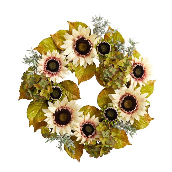 Hivvago 24" White Sunflower and Hydrangea Artificial Autumn Wreath