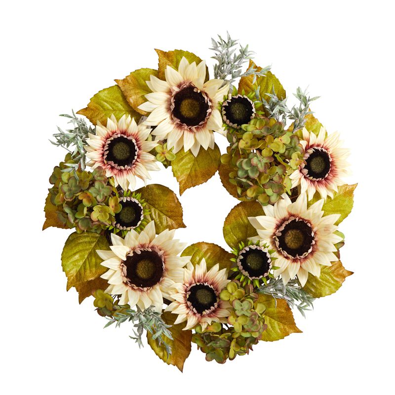 Hivvago 24" White Sunflower and Hydrangea Artificial Autumn Wreath