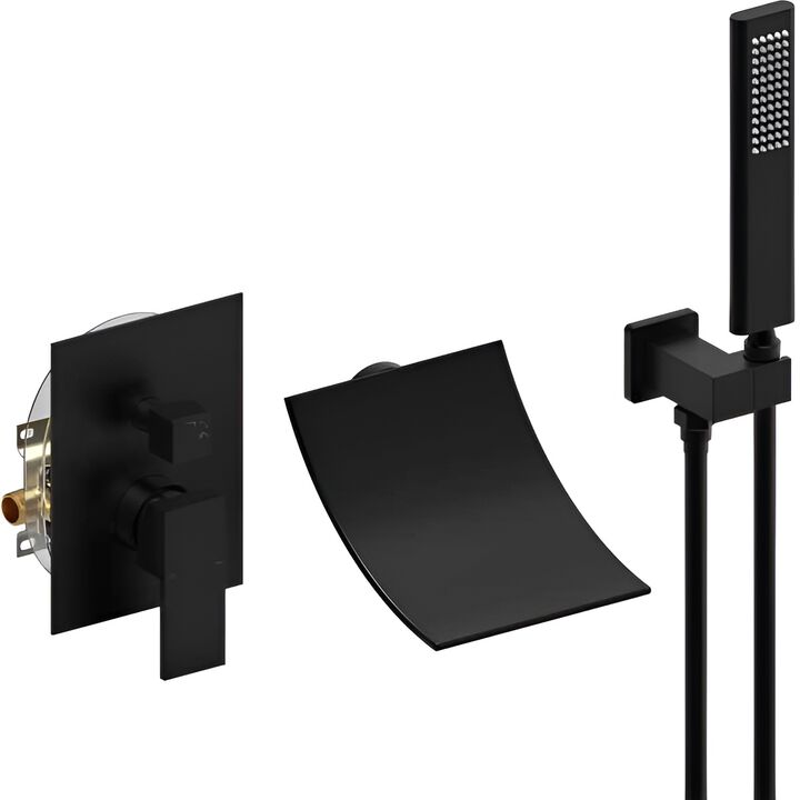 Waterfall Shower Head & Handheld, Single Handle Tub Faucet with Curved Spout