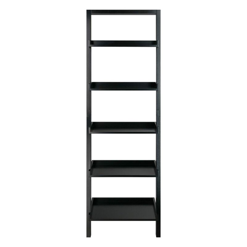 Ergode Wood Bellamy Leaning Shelf - Sleek & Stylish Space-Saving Solution with 5 Tiers of Open Shelves - Black Finish - Easy Assembly & Wall Attachment