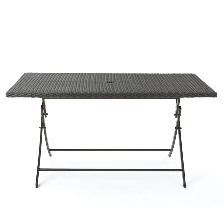 Outdoor Rectangle Foldable Dining Table, 59 Inch, Iron, Multibrown Wicker  - Benzara