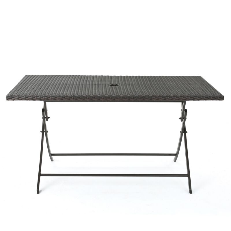 Outdoor Rectangle Foldable Dining Table, 59 Inch, Iron, Multibrown Wicker  - Benzara