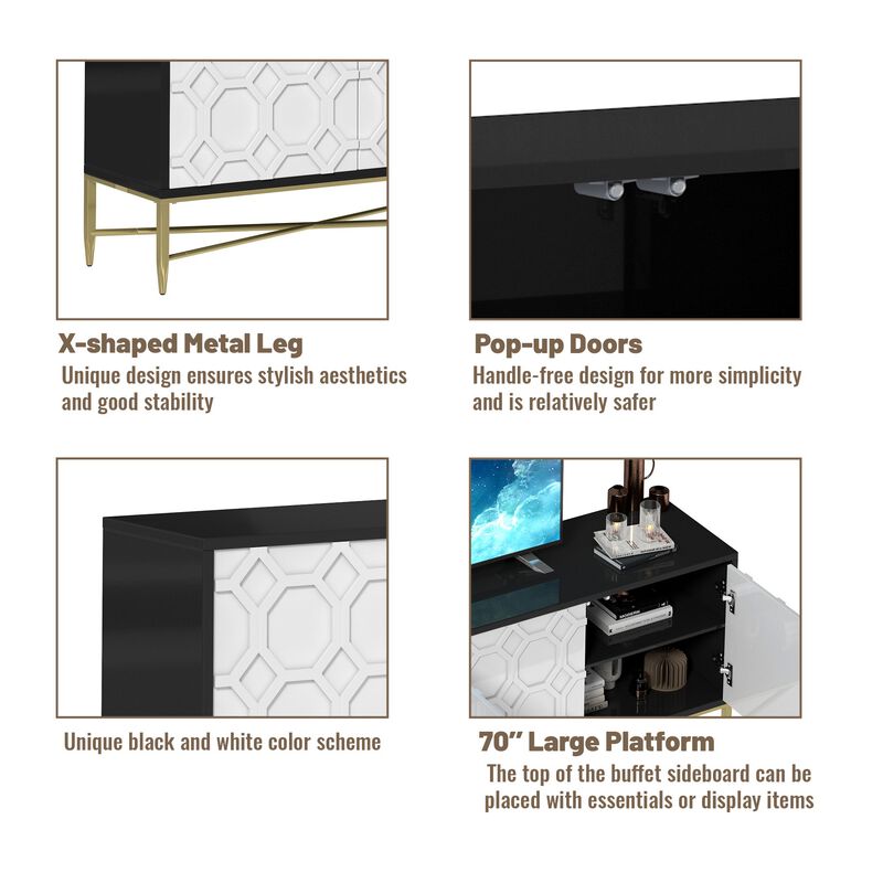 MONDAWE Modern Black and White Color Scheme Press Design 4 Door Cabinet, Living Room TV Stand