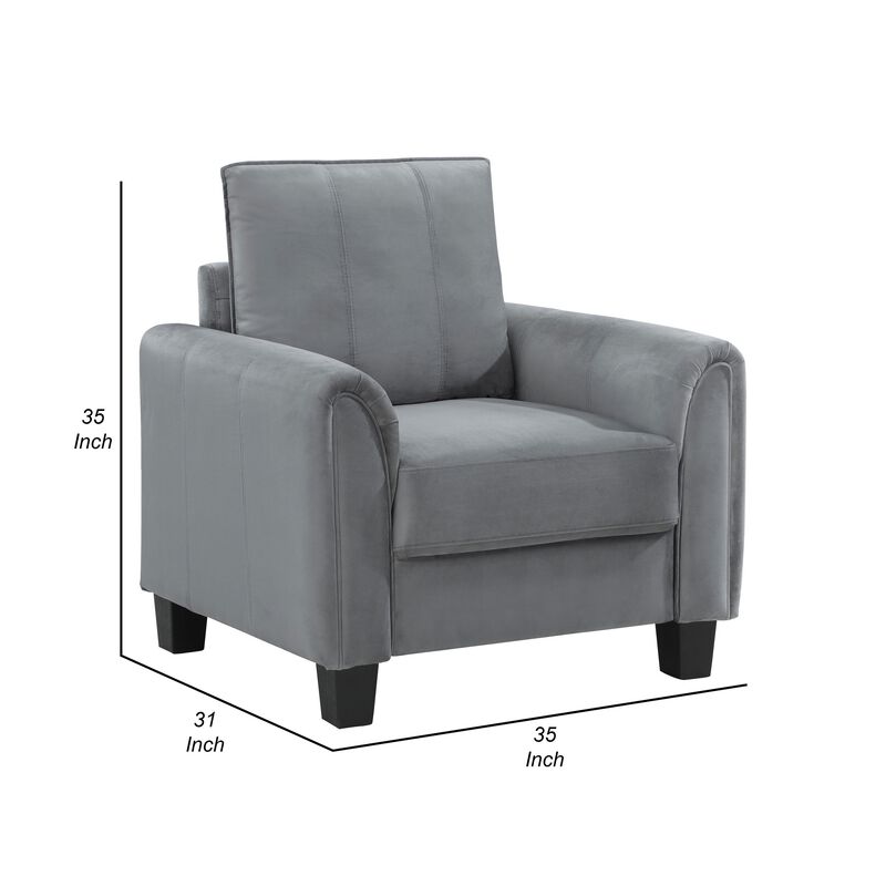 Dave Accent Chair, Gray Fabric, Rounded Armrests, Black Tapered Legs  - Benzara