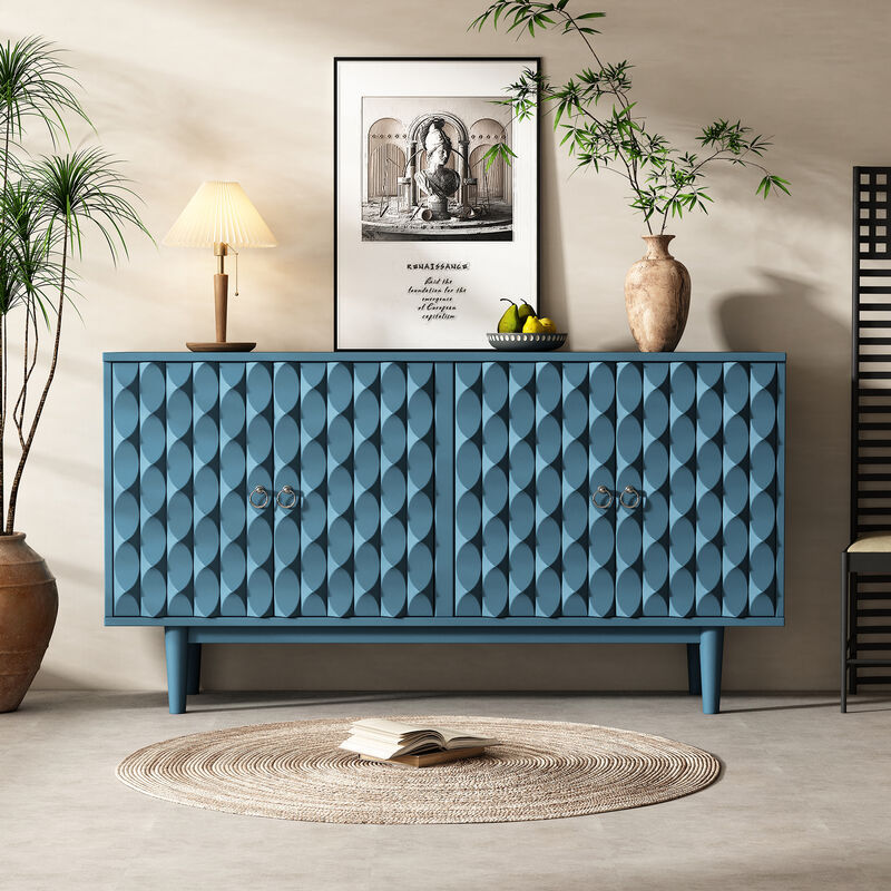 Clihome Modern 4-door Sideboard with Convex Pattern Doors and 2 Silver Handle for Living Room, Dining Room, Kitchen (Navy)