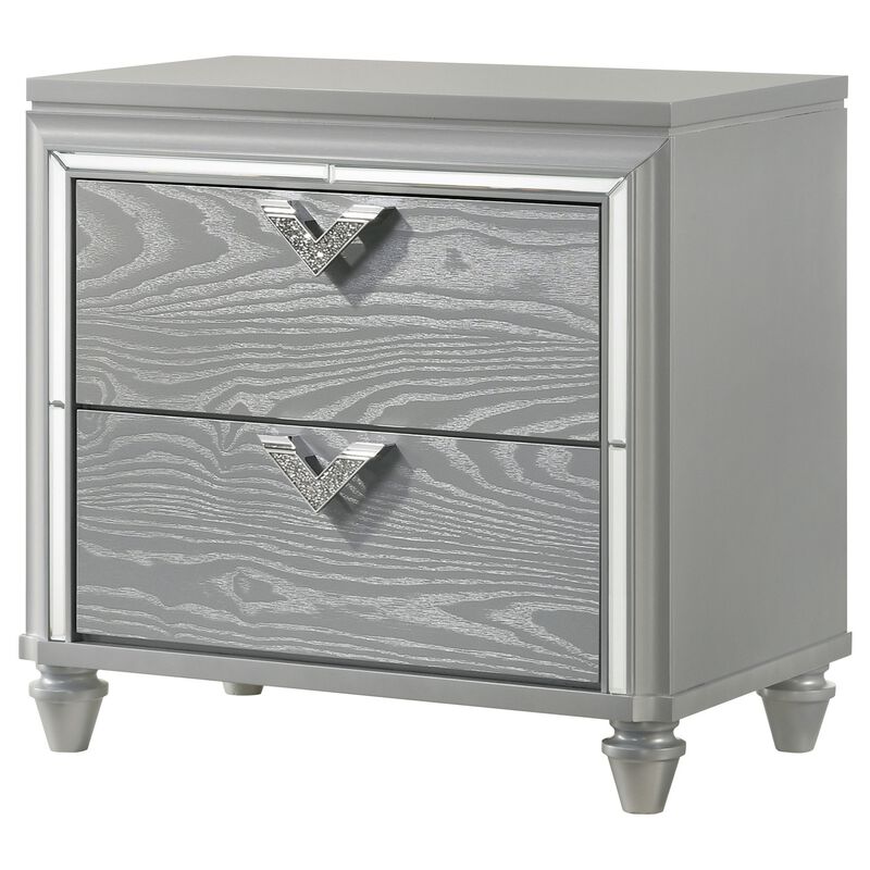Haley Nightstand, 2 Drawers, V Shape Glittering Handles, Light Silver Wood - Benzara