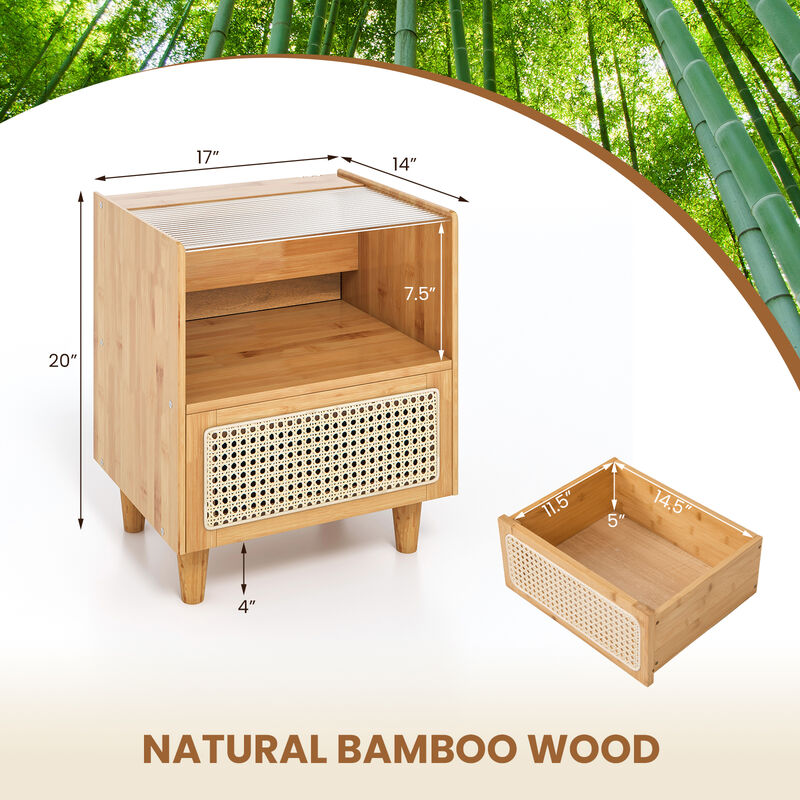 Bamboo Rattan Nightstand with Drawer and Solid Wood Legs