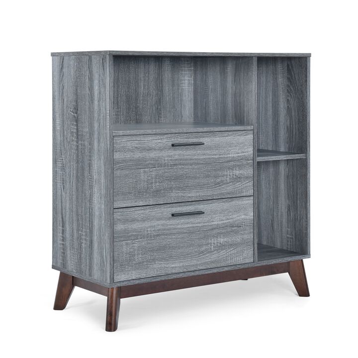 Side Cabinet, Open Square Shelves, 2 Drawer, 38 Inch Gray Faux Wood - Benzara