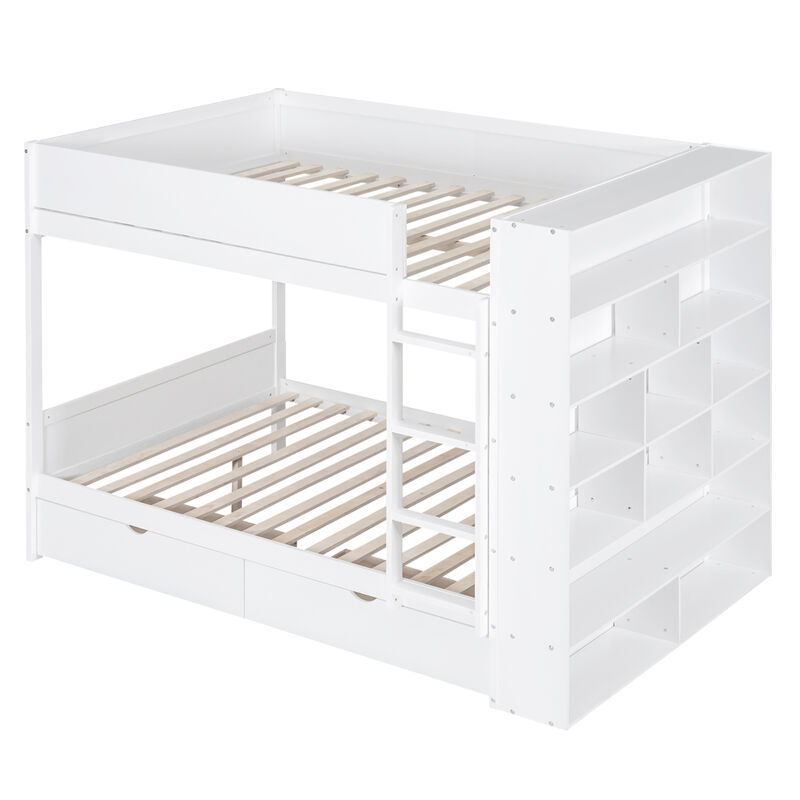 Full Over Full Bunk Bed With 2 Drawers And Multilayer Cabinet, White