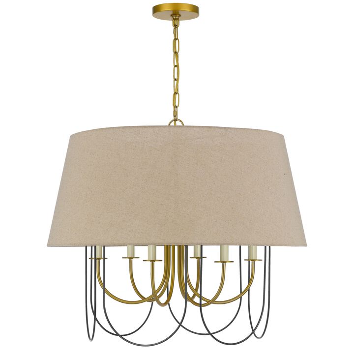 Pomy 28 Inch Chandelier, Hardback Burlap Shade, Gold Black Metal - Benzara