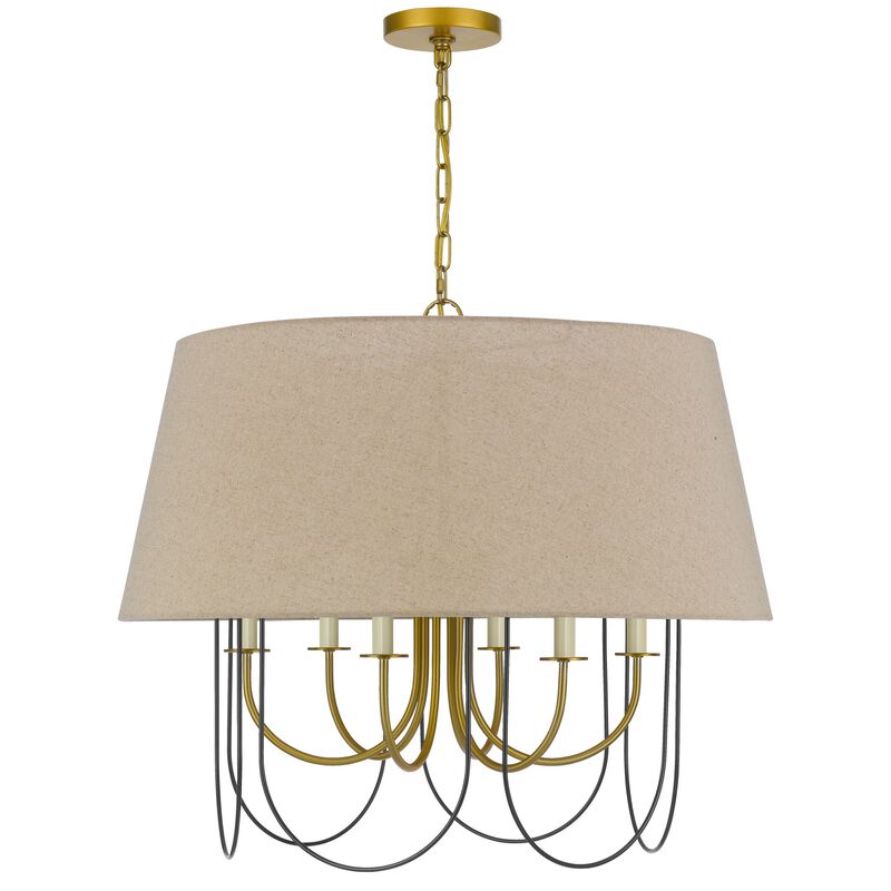 Pomy 28 Inch Chandelier, Hardback Burlap Shade, Gold Black Metal - Benzara