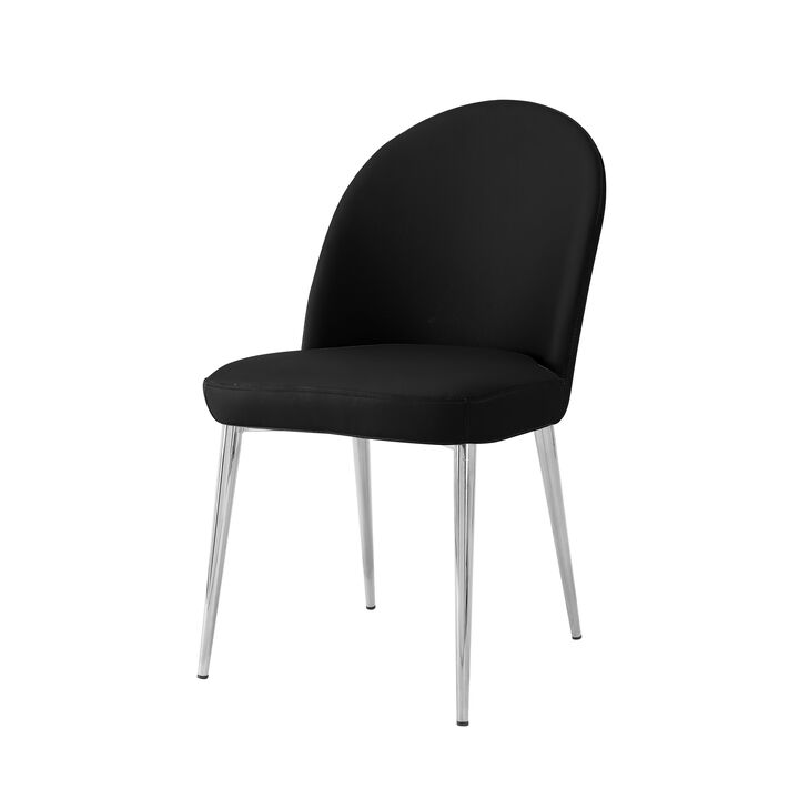 Era 24 Inch Set of 2 Dining Chairs, Curved Back, Black Faux Leather, Chrome - Benzara