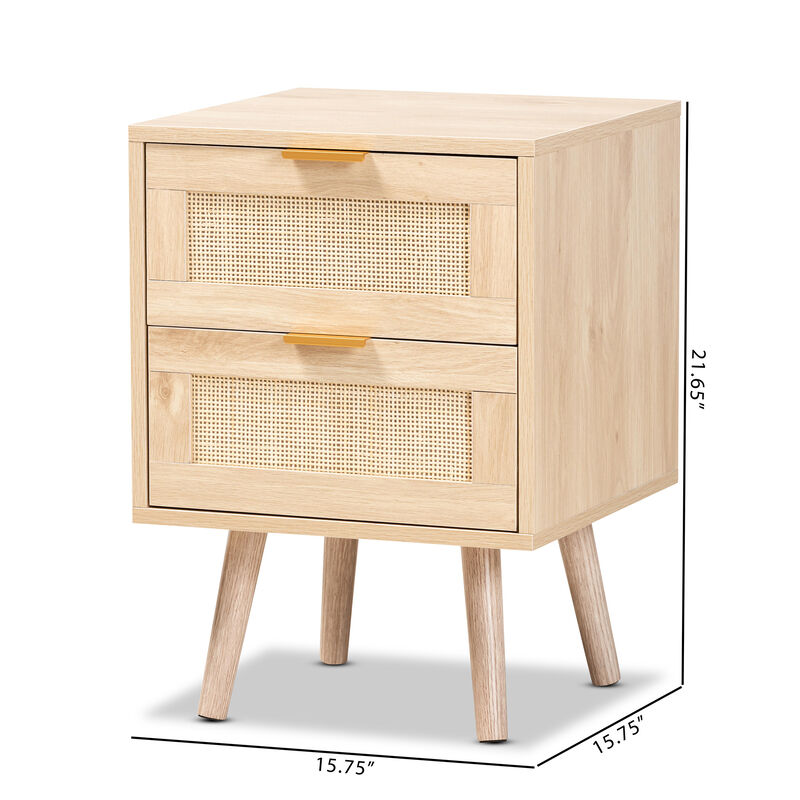 Baxton Studio Baird  Light Oak Brown Finished Wood and Rattan 2 Drawer End Table