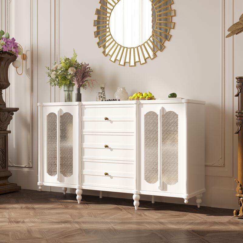 FUFU&GAGA Modern White MDF Storage Cabinet – 3 Spacious Drawers & 2 Glass-Door Compartments, Cylindrical Legs (59.1" W x 15.7" D x 35.4" H), White