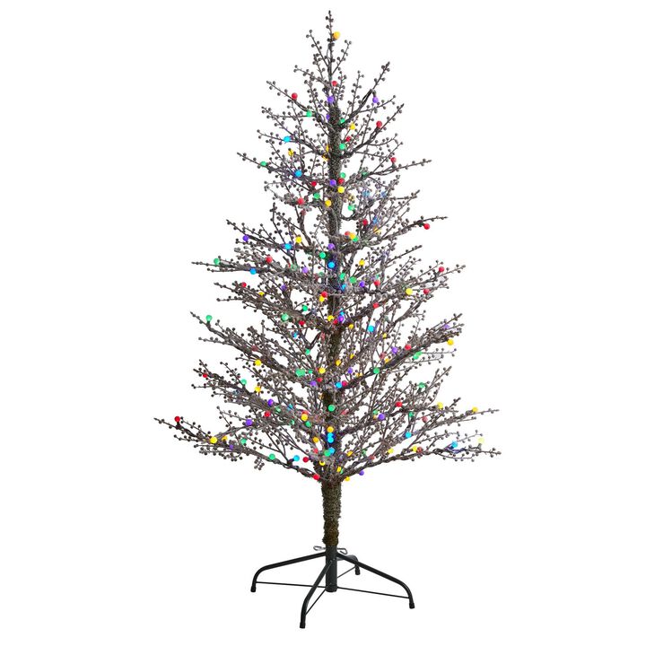 Nearly Natural 5-ft Frosted Berry Twig Artificial Christmas Tree with 200 Multicolored Gum Ball LED Lights and 386 Bendable Branches