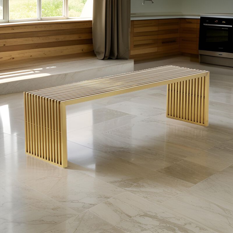 Niki 55 Inch Accent Bench, Slatted, Rectangular, Luxurious Brushed Gold - Benzara