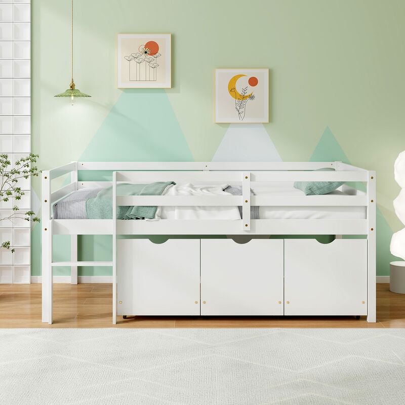 Twin Size Low Loft Bed with 3 Drawers with Ladder and Full-length Guardrails
