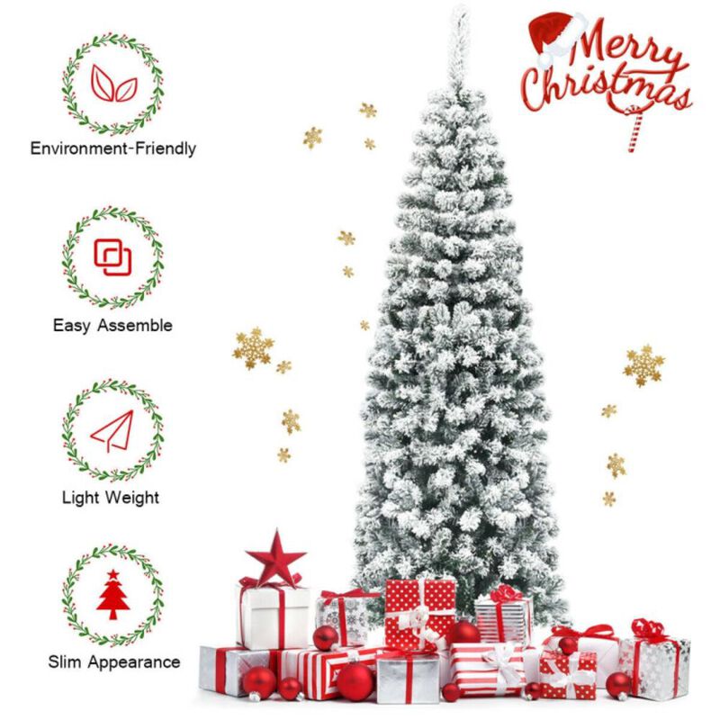 Hivvago 6 Feet Unlit Hinged Snow Flocked Artificial Pencil Christmas Tree with 500 Branch Tip