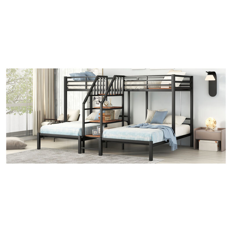 Metal Twin Over Twin & Twin Bunk Bed, Triple Bunk Bed With Storage Shelves Staircase