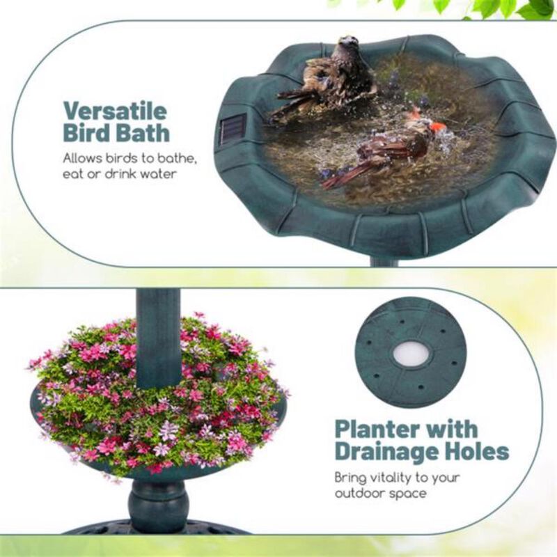Solar-Powered Pedestal Birdbath & Feeder Combo Outdoor Garden Water Bowl with Light