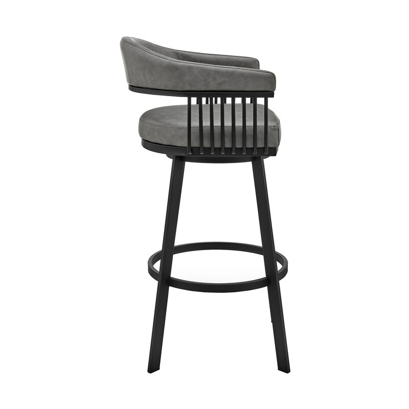 Swivel Barstool with Open Design Metal Frame and Slatted Arms, Gray and Black-Benzara