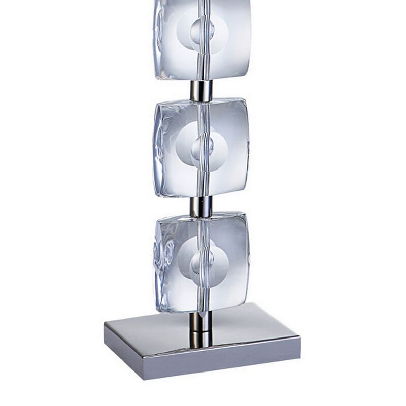 28 Inch Table Lamp, Crystal Stand, White Rectangular Shade, Metal, Clear -Benzara