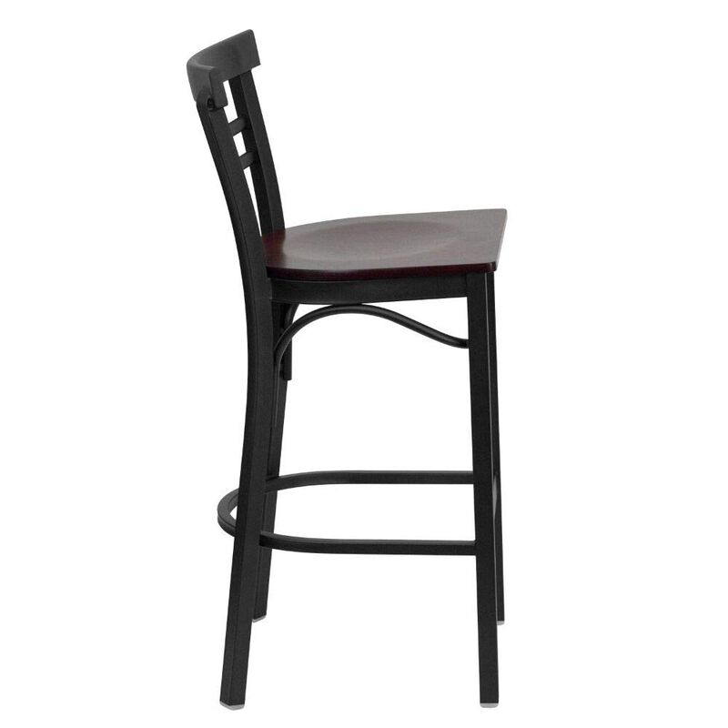 Flash Furniture HERCULES Series Black Two-Slat Ladder Back Metal Restaurant Barstool - Mahogany Wood Seat