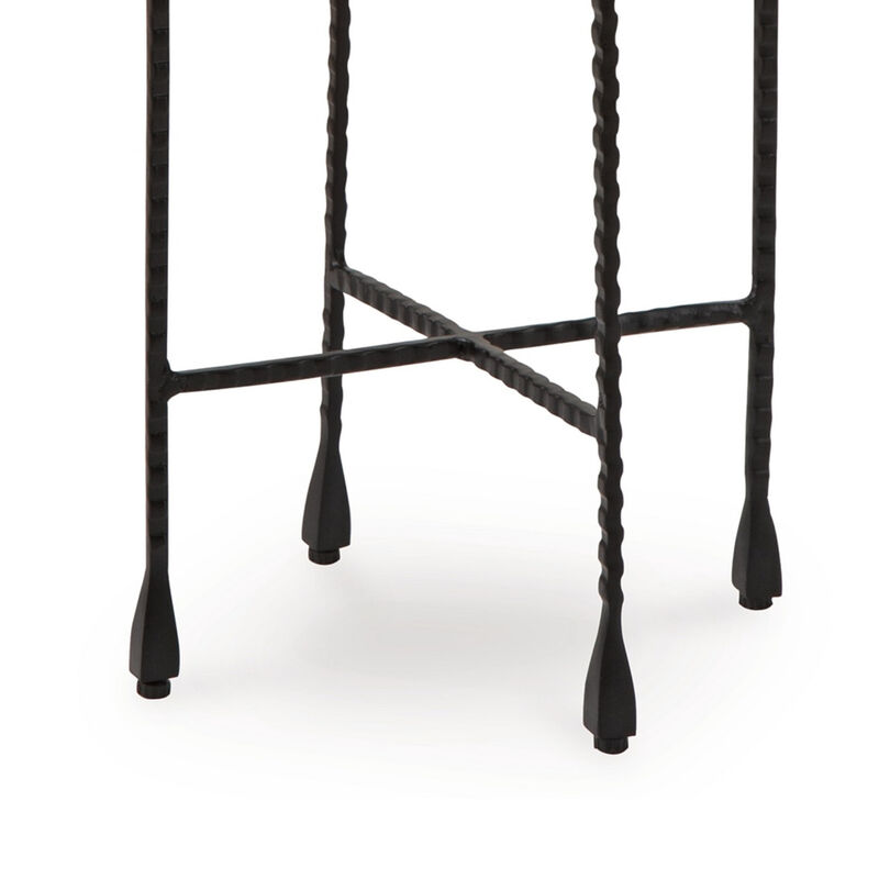 Accent Table, 11 Inch Glass Top, Industrial Black Forged Iron Legs - Benzara