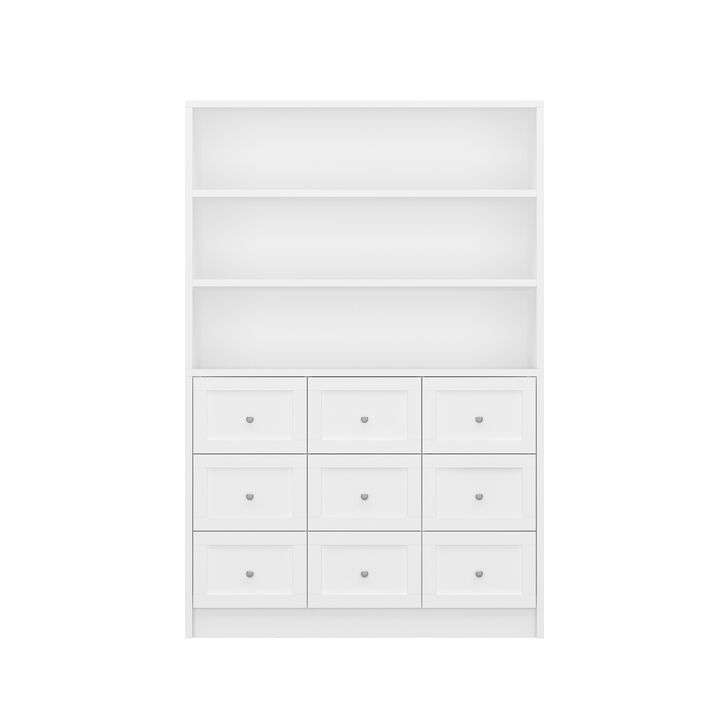 2-in-1 Tall Bookcase Bookshelf with 3-Tier Shelves & 9 Drawers, Modern Wooden Storage Display Cabinet for Home Office Living Room, White, 47.2" W x 15.4" D x 70.8" H