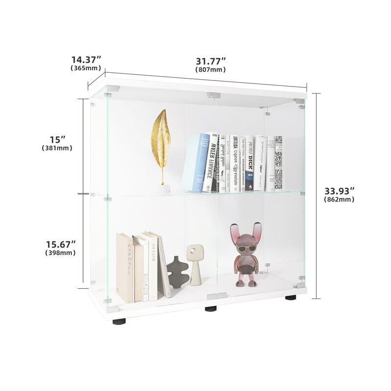 Glass Display Cabinet, 2 Shelves, Floor Standing, 33.35" X 31.69" X 14.37"