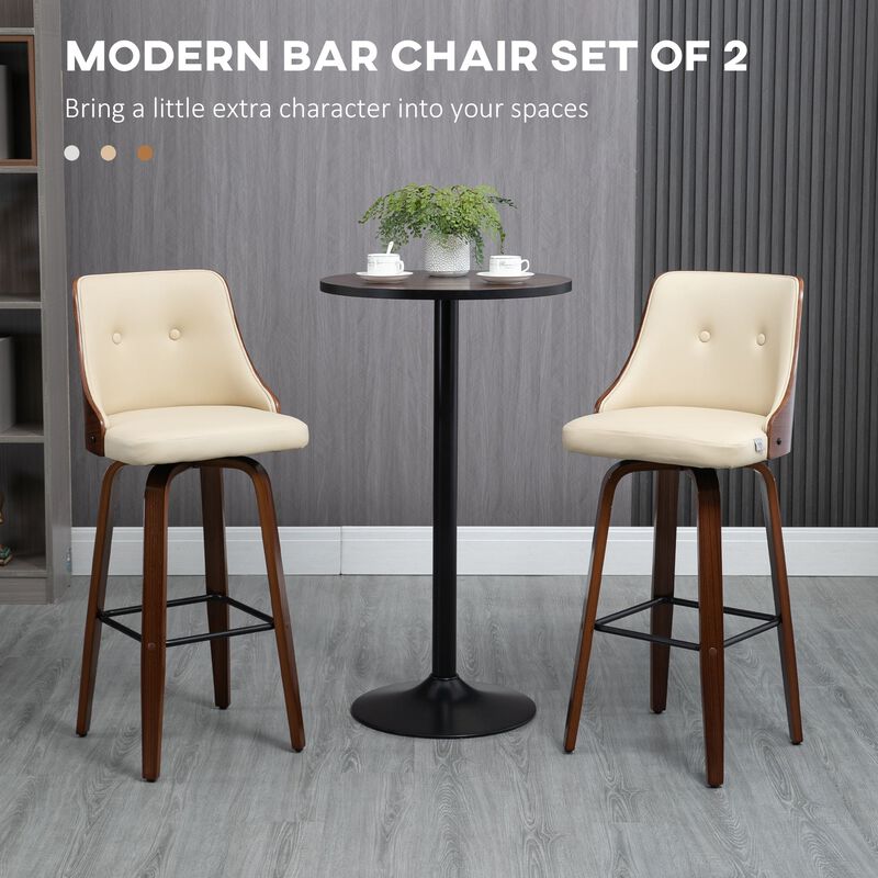 Beige Bar Seating: Set of 4 PU Leather Swivel Stools with Tufted Back