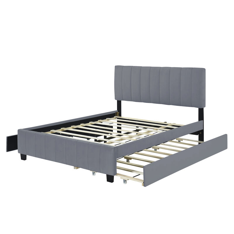 Merax Velvet Platform Bed Frame with  Drawers and Trundle