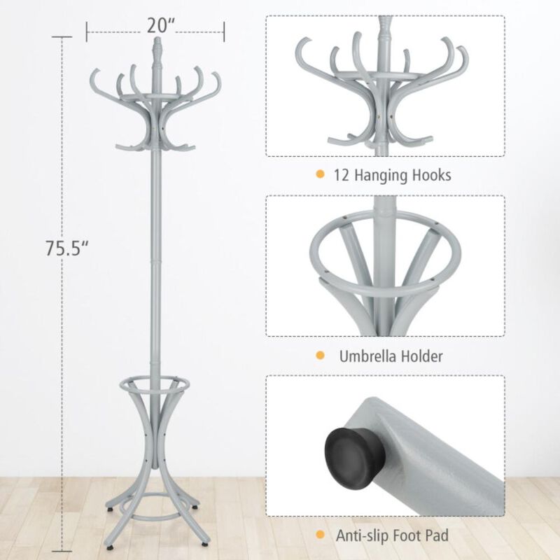 Hivvago Wooden Standing Coat Rack Tree with 12 Hooks and Umbrella Stand