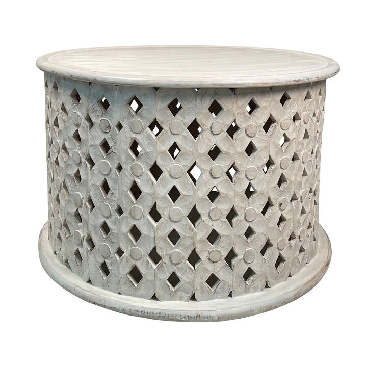 28 Inch Artisanal Round Mango Wood Coffee Table, Intricate Diamond Lattice Cut Out Frame, Washed White-Benzara